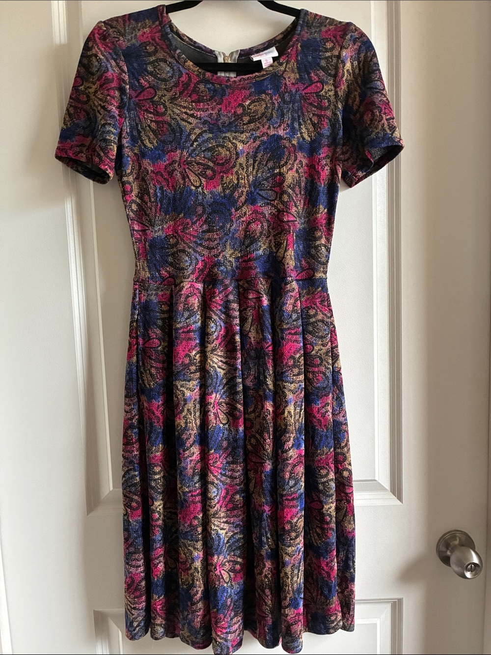 LuLaRoe Amelia Dress Black w/ multi Paisley zip back, pockets, pleats